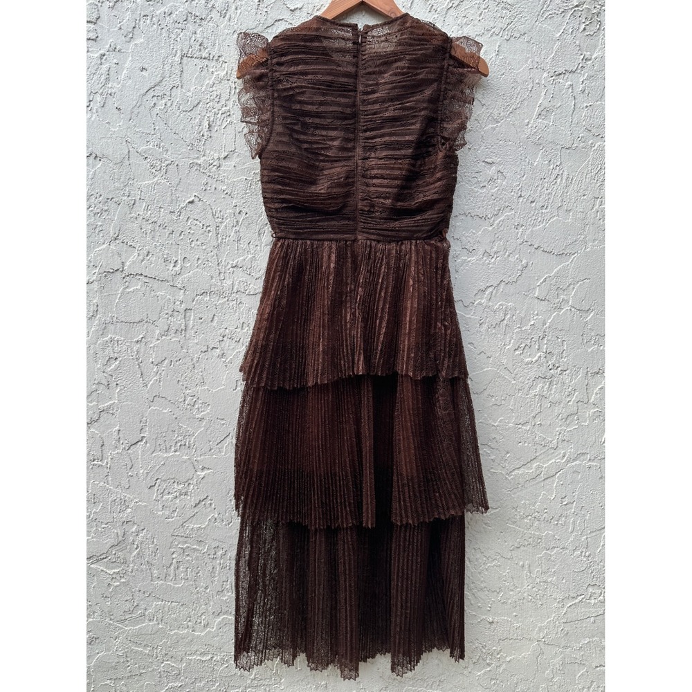 Self-Portrait Brown Lace‎ Tiered Midi Dress Ruched Ruffle Sleeveless US 4 - Picture 5 of 10